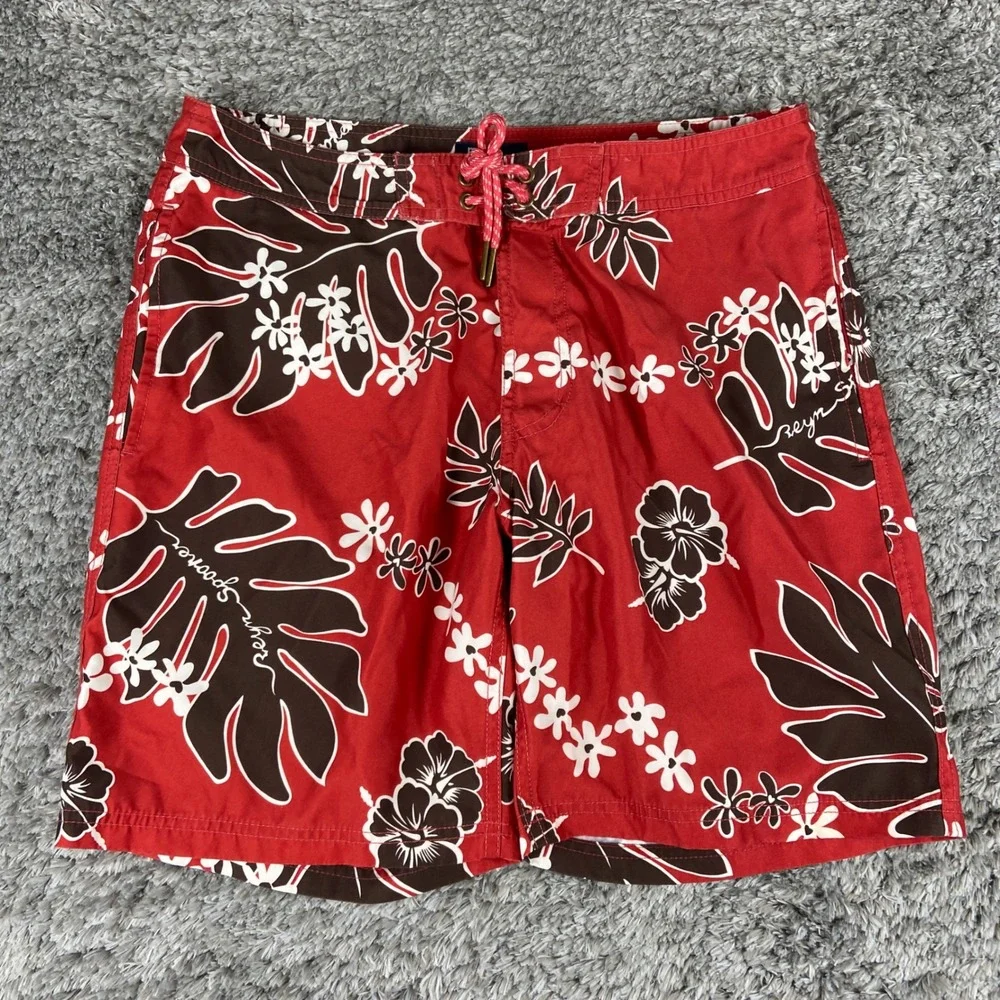 Reyn Spooner Board‎ Shorts Mens 32 Red Floral Tropical Hawaiian Swim Trunks 8